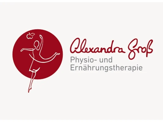 Logo für Alexandra Groß, Physio- und Ernährungstherapie in Oberasbach. Das Logo besteht aus einem Bildteil mit einem roten Kreis, einer tanzenden Frauen-Figur und Äpfeln in einem dynamischen Strich gezeichnet. Daneben steht handschriftlich der Name „Alexandra Groß“ sowie dadrunter in Grau „Physio- und Ernährungstherapie“