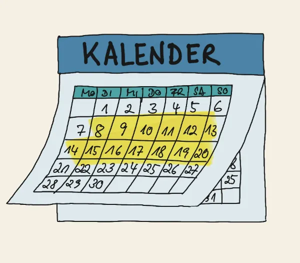Ein handgezeichneter Kalender, bei dem die Tage 7 bis 20 gelb markiert sind, um einen längeren Zeitraum zu markieren; die Wochentage sind oben auf Deutsch aufgeführt, ganz oben steht „KALENDER“