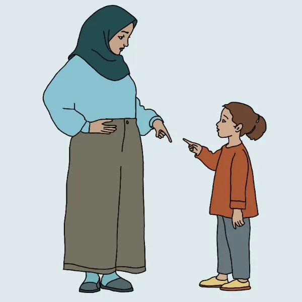 Illustration für Leichte Sprache: Ein Kind in einem orangefarbenen Oberteil und einer dunklen Hose versteht nicht, was mit dem Embryo im Bauch der Mutter geschieht und stellt Fragen – angedeutet mit einem klaren Fingerzeig auf den Bauch. Die Mutter mit blauem Hidschab und weiter Kleidung steht da und spiegelt die Geste erklärend wieder.