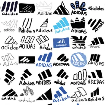 Zahlreiche handgezeichnete Varianten des Adidas-Logos mit unterschiedlichen Schriftstilen und Drei-Streifen-Designs in Schwarz, Blau und Weiß.