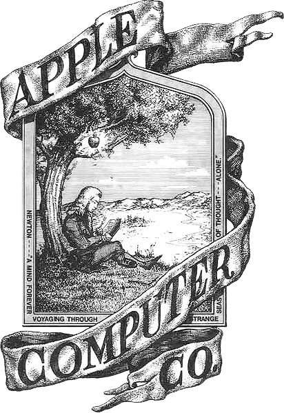 Schwarz-Weiß-Illustration von Isaac Newton, der mit einem Apfel unter einem Baum sitzt, eingerahmt von einem Band mit der Aufschrift „Apple Computer Co.“.