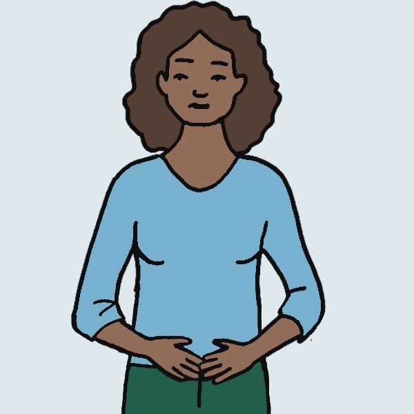 Abbildung einer Person mit lockigem dunklem Haar vor hellblauem Hintergrund. Sie trägt ein blaues Hemd und eine grüne Hose, die Hände hält sie an den unteren Bauch. Als Bild für Leichte Sprache wird so die Schwangerschaft der Frau im ersten Trimester angedeutet.