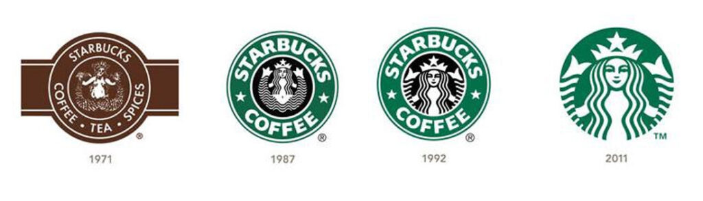 Vier Starbucks-Logos aus den Jahren 1971, 1987, 1992 und 2011 zeigen die Entwicklung von einer braunen, detailreichen Sirene hin zu einer vereinfachten grün-weißen Sirene.