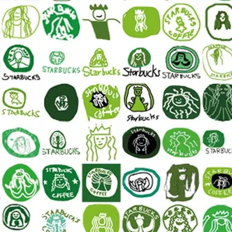 Raster aus handgezeichneten Starbucks-Logos in verschiedenen Grüntönen, die unterschiedliche Interpretationen der Meerjungfrau und Schriftzüge in verschiedenen Stilen zeigen.